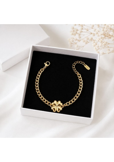 Cm Jewelry Yonca Desenli Gold Çelik Bileklik Açık Kahverengi