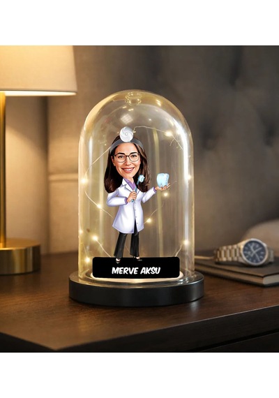 Bk Gift Kişiye Özel Kadın Doktor Karikatürlü Led Işıklı Cam Fanus Biblo -2, Mesleki Hediye, Sevgiliye-arkadaşa Hediye Kobitmeyencom36871 Bk Gift