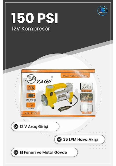 Hava Kompresörü El Fenerli Metal 12v Psı Araç Lastik Şişirme Oto