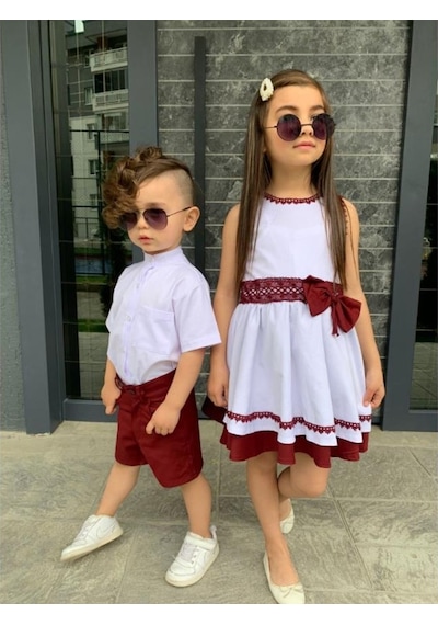 Modavals Kardeş Kombin Keten Şortlu Erkek Çocuk Takım Bordo