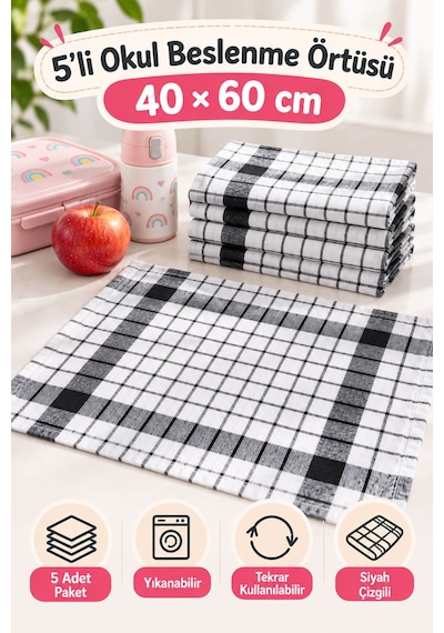 5'li Okul Beslenme Örtüsü Çizgili 40x60 Cm Yıkanabilir Siyah