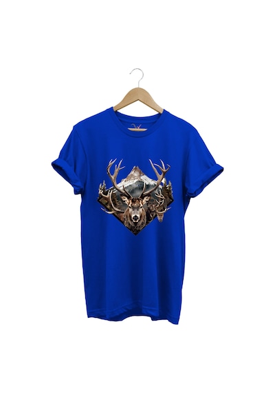 Avcılık Geyik Avı Dağ Doğa Baskılı Minimal Regular Fit %100 Pamuk Mavi T-shirt Saks Mavi