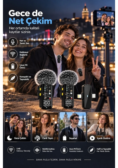 Kablosuz Çift Yaka Mikrofon Seti 2.4g Ses Kaydı