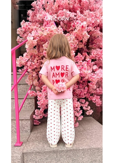 Baby Lory Kids Store Kız Çocuk Kalp Detaylı Pembe Takım Pembe - Beyaz