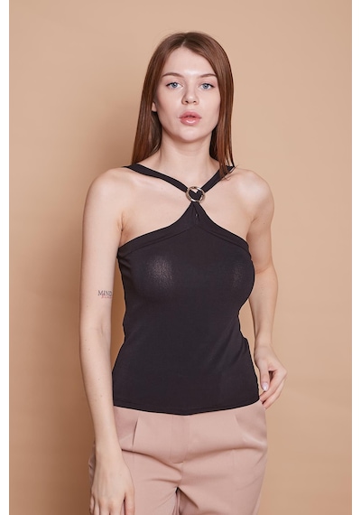 Jument Likralı Krep Kumaş Kalın Çapraz Askılı Aksesuarlı Body Bluz-siyah Siyah
