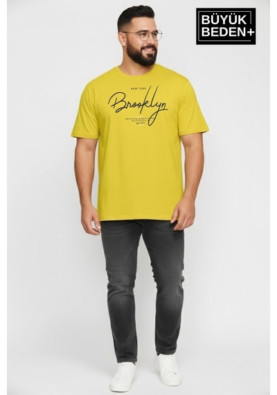 Superlife Erkek Büyük Beden El Yazılı Brooklyn Baskılı 3xl-6xl Bisiklet Yaka Tshırt Spr26bts510-6 Sarı
