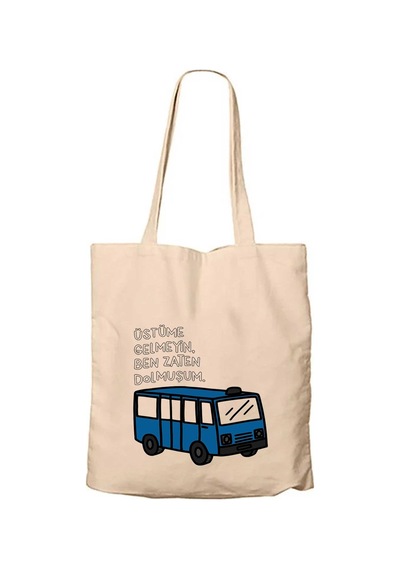 Dolmuşum Ekru Fermuarlı Bez Çanta Gabardin