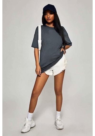 Flood Of Style Kadın Oversize Basic Kısa Kollu Bisiklet Yaka Gri