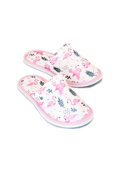 Kadın Beyaz Flamingo Desenli Yumuşak Tabanlı Ev Terlik Beyaz