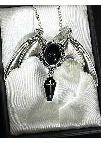 Dükkan Design Gotik Black Bat Cross Tabut Kolye Siyah - Gümüş