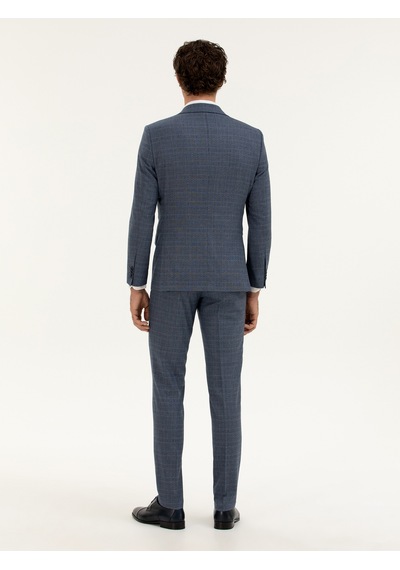 Cacharel Mavi Slim Fit Kareli Takım Elbise