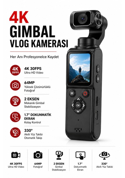 4k Vlog Kamerası 64mp 2 Eksen Mekanik Gimbal 330 Akıllı Yüz Takibi 1.7'' Hd Dokunmatik Ekran Wifi Webcam Type-c