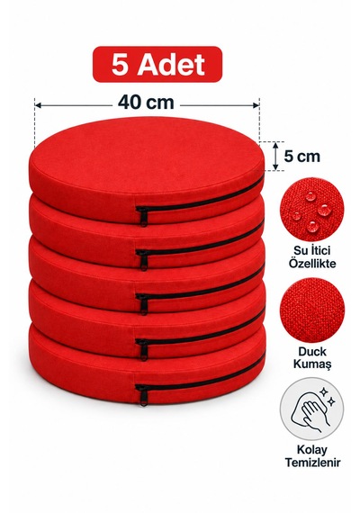 Kreş Minderi Anaokulu Aktivite Minderi, Bahçe, Dekor, Sandalye Minderi 40x40x 5 Cm Yuvarlak Minder 5adet Kırmızı