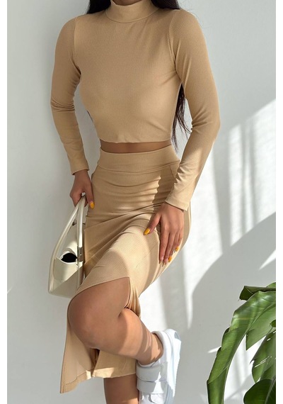 Neşeli Butik Kadın Yarım Balıkçı Etekli Alt Üst Takım Kklf51 - Bej