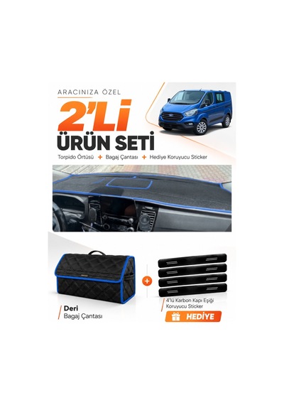 Ford Transit Custom 2016-2024 Uyumlu Torpido Örtüsü + Deri Bagaj Çantası + Sticker - Siyah Mavi