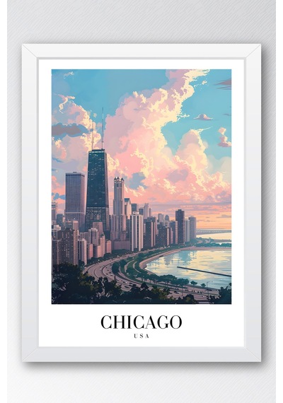 Chicago Usa Vintage Seyahat Posteri Çerçeveli Tablo - Premium City Skyline Elit Duvar Dekoru Beyaz