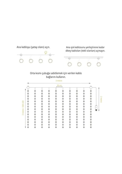Lw-7 300 Ledli 10 Sarkıt Perde Led Işık, 8 Modlu Uzaktan Kumandalı, 3x3 Metre Peri Telli Led