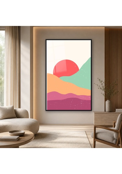 Pastel Güneş Tepeleri Siyah Çerçeveli Cam Tablo