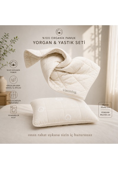 Viscolog %100 Organik Pamuk Bebek Uyku Yorgan Ve Yastık Seti Tela Çantalı