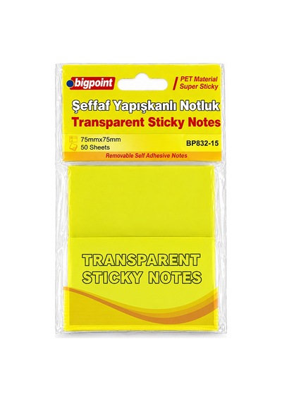Bigpoint Pet Yapışkanlı Şeffaf Notluk 75x75mm Sarı X 12 Adet