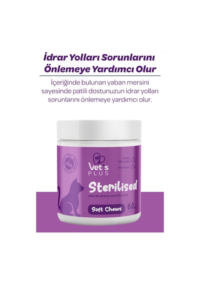 Vet's Plus Sterilised Çiğnenebilir Tablet 60'lı Kısır Kediler İçin Yaban Mersinli Urinary Destek