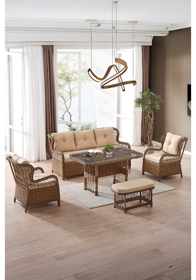 Paris Rattan Puflu Bahçe Balkon Takımı 3+1+1 Cam Masalı Kahve Kahverengi