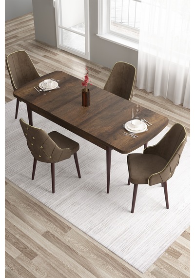 Canisa Tia Serisi, Barok Ahşap Desen 80x132 Açılabilir Mdf Yemek Odası Takımı 4 Kahve Sandalye Gold Detay Masa Barok Ahşap Desen Sandalye Kahve