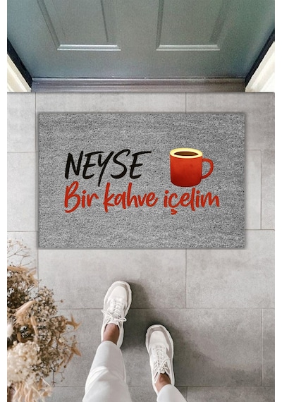 Rugmood Modern Dijital Baskı - Neyse Bir Kahve İçelim - Kapı Önü Paspası Gri