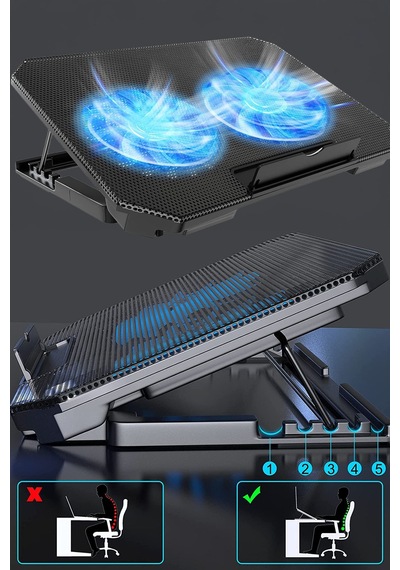 2 Gözlü Büyük Fanlı Laptop Soğutucu Stand Yükseklik Ayarlı Geniş Laptop Fanı