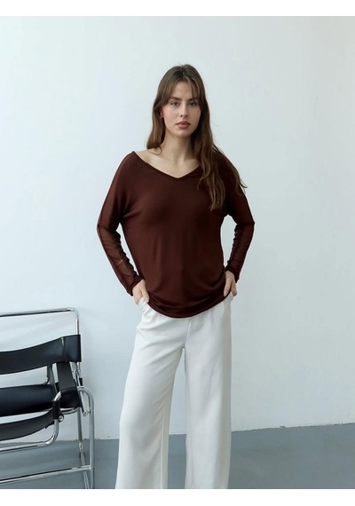 Mirve Butik Kolları Tül, Sırtı Parlak Taşlı Bluz Kahverengi