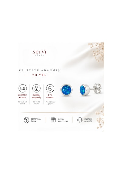 Servi 925 Ayar Gümüş Ocean Glow Mavi Opal Tektaş Küpe-502