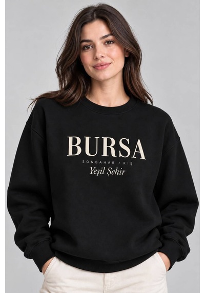Gıovera Bursa Şehir Yazılı Bisiklet Yaka Kadın Sweatshirt siyah