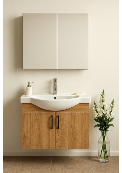 DMZ Home Concept Nova 80 Cm Ahşap renkli, Tamamı Mdf, Oval Seramik Lavabolu, Alt ve Üst Dolaplı