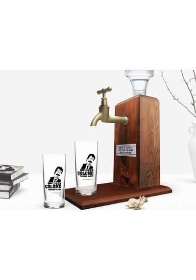 Kişiye Özel Renkli Baskılı Çünkü Sen Çölüme Yağmur Oldun Tasarımlı İkili Rakı Bardağı Ve Ahşap Rakı Standı Hediye Seti-4 Sarı
