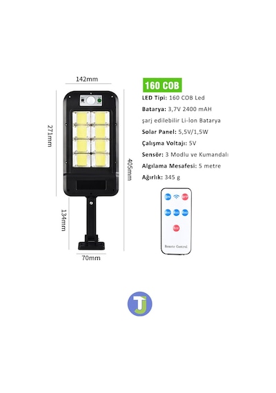 Technojet 8 Gözlü 160 Ledli Solar Bahçe Aydınlatma Kumandalı Güneş Enerjili Sokak Lambası Projektör