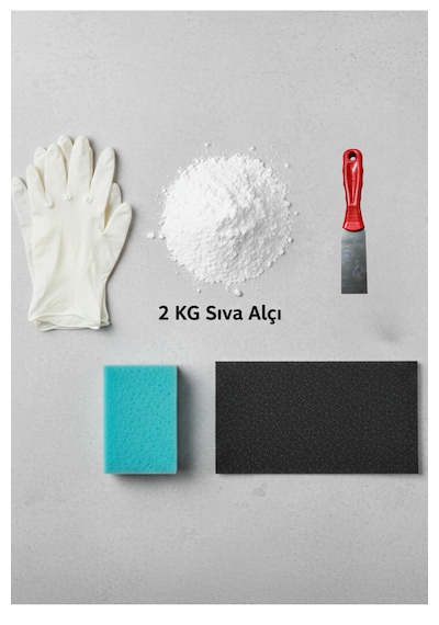 Duvar Tamir Seti 2 Kg Sıva Alçı-sıva Süngeri-spatula-beyaz Pudralı Eldiven-zımpara