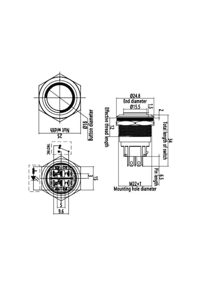 Motorobit 22B-G1-E 22Mm Çıkık Yaylı Işıklı Metal Buton - Kırmızı