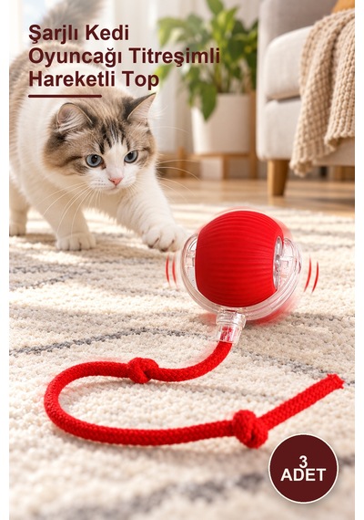 3 Adet Şarjlı Kedi Oyuncağı Titreşimli Hareketli Top