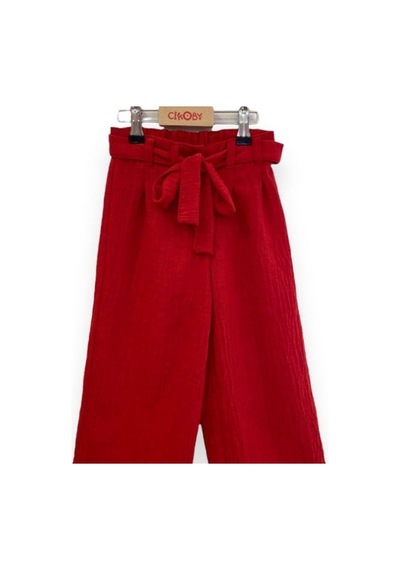 Çikoby Kız Çocuk Dokuma Bol Paça Pantolon-13767-kırmızı Kırmızı