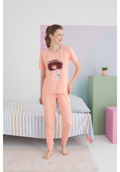 Siyah İnci Pamuklu Örme Pijama Takım 24117042 Somon