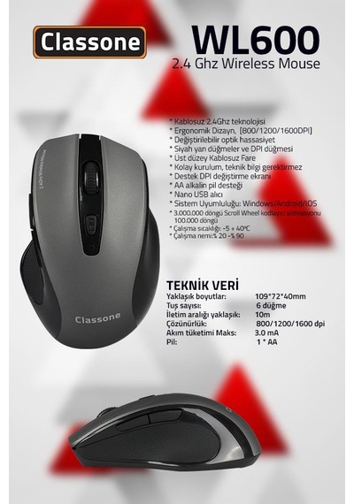 Classone WL600 Serisi Kablosuz Mouse -Siyah/Gri