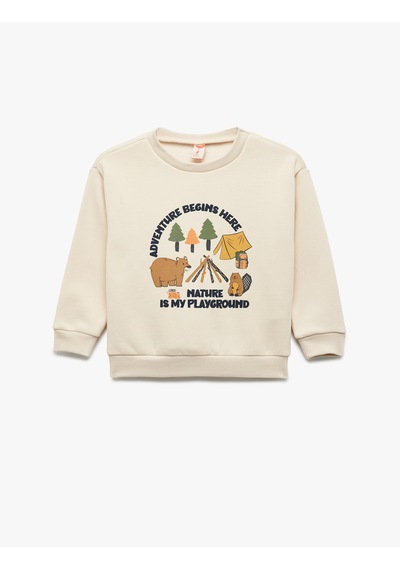 Koton Bisiklet Yaka Uzun Kollu Şardonlu Baskılı Sweatshirt Ekru 7wmb10028tk