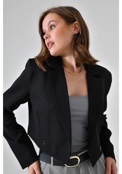 Siyah Kruvaze Crop Blazer Ceket Siyah