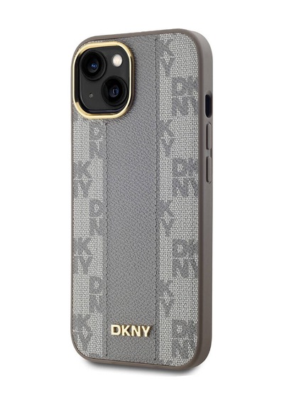 Apple Uyumlu iPhone 15 Kılıf Dkny Lisanslı M-safe Şarj Özellikli 3d Yazılı Checkered Pattern Kapak Krem