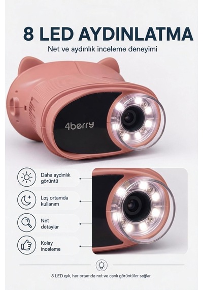 4berry Taşınabilir Fotoğraf Çekebilen Dijital Mikroskop 1000x 2.4 Ips Ekran, 2 Mp Kamera, 8 Led Işık, Type-c Şarjlı Pembe