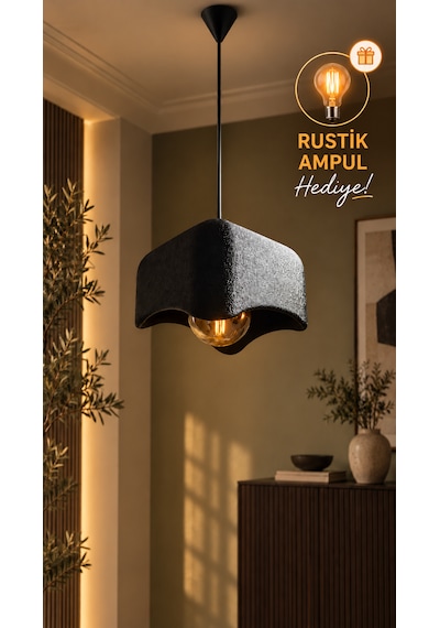 Beton Görünümlü Tekli Kare Sarkıt Avize Modern Bohem Salon Mutfak G95 Rustik Led Ampul Hediyeli Siyah