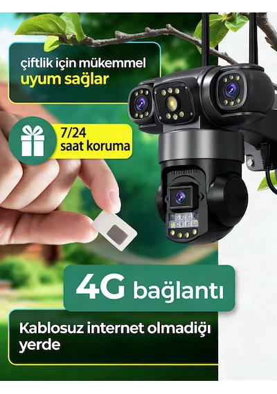 Üçlü Lens 6mp 4g Sım Ptz Dış Mekan Güvenlik Kamerası: 360 Panoramik, 7/24 Kayıt, Hareket Sensörlü Alarm, Gece Görüş, Suya Dayanıklı Gövde
