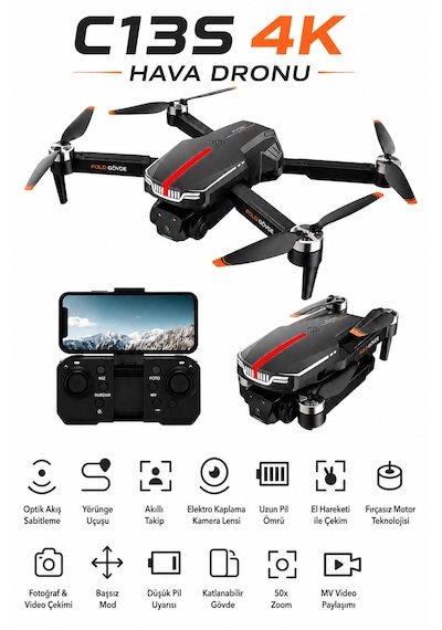 C13s Hava Dronu Optik Akış Fırçasız Motor Wifi Cam Başsız Mod Katlanabilir Tek Tuş Kalkış İniş Geri Dönme Engel Algılama Elektirkli Kamera 3 Lü Lens Led Işıklı