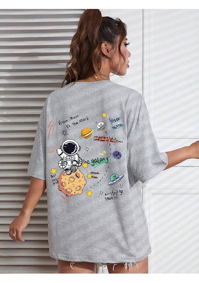 Unisex Galaksi Tasarım Basklı Tshirt Gri