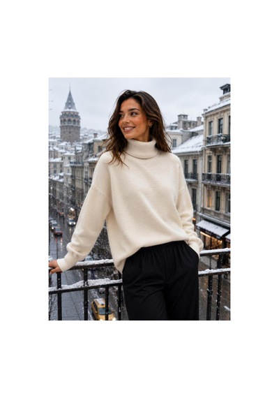 Hira Life Fashion Sfg Life Moda Kadın Balıkçı Yaka Tüylü Şardonlu Oversize Kazak Bej Bej